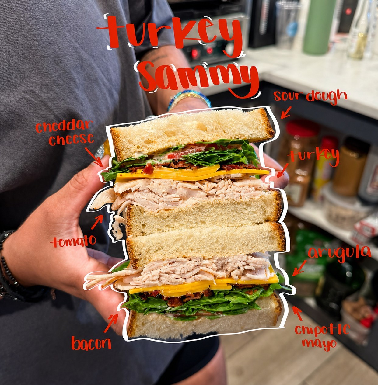 A turkey sandwich on sourdough with handwritten ingredient notes